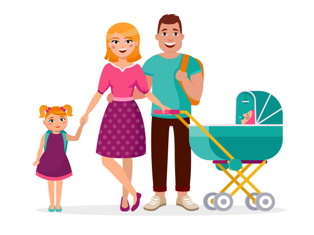 一个年轻的家庭孤立地站在白色的背景上。欢快的父母和孩子和婴儿车卡通人物矢量平面插图。母亲，父亲，女儿和儿子图片下载