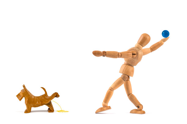 木制人体模型和狗玩球-他不喜欢-尿在地板上图片下载