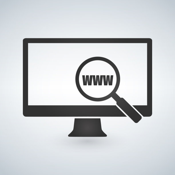 电脑显示器和放大镜搜索万维网图标。矢量插图孤立在现代背景。图片下载