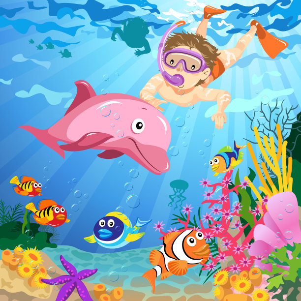 少年与海豚一起浮潜图片下载