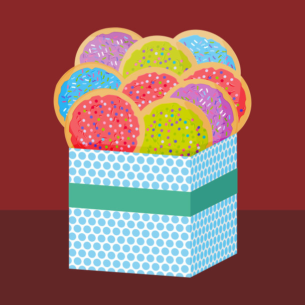 新烤的甜饼上有粉绿紫蓝的糖霜和五颜六色的点缀。礼物饼干礼盒。明亮的颜色在棕色的背景。向量图片下载