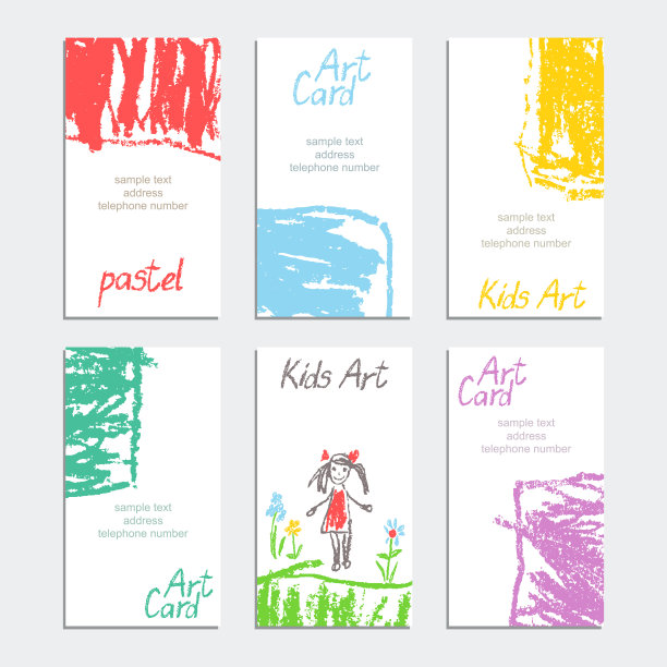 手绘艺术笔触与柔和的颜色蜡笔卡。海报模板集。图片下载