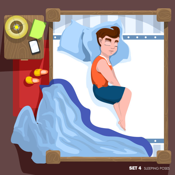 穿着睡衣的年轻人睡在双人床上。睡觉的姿势。顶视图的男人。矢量插图。图片下载