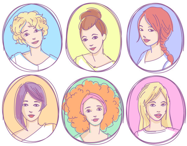 一套手绘素描女性肖像，头像，图标。素材图片