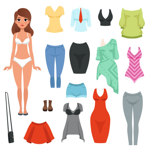 女装项目套装。正式和休闲服装。时尚的主题。女性的衣橱。卡通人物的年轻女孩。平面矢量图标图片下载