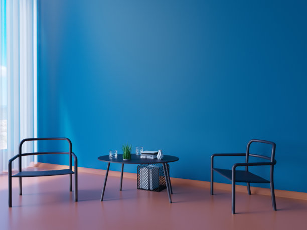 宽现代蓝色壁纸和室内布局装饰3d插画图片下载