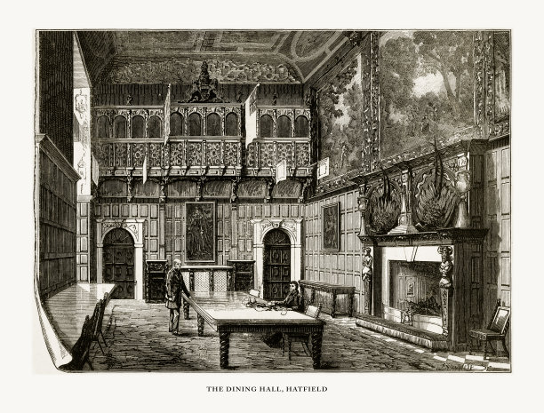 哈特菲尔德，餐厅，哈特菲尔德屋，英国赫特福德郡，维多利亚版画，1840年图片下载
