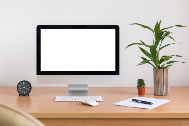 所有在一个电脑，鼠标，键盘，纸，笔，仙人掌和树花瓶在木桌上图片下载