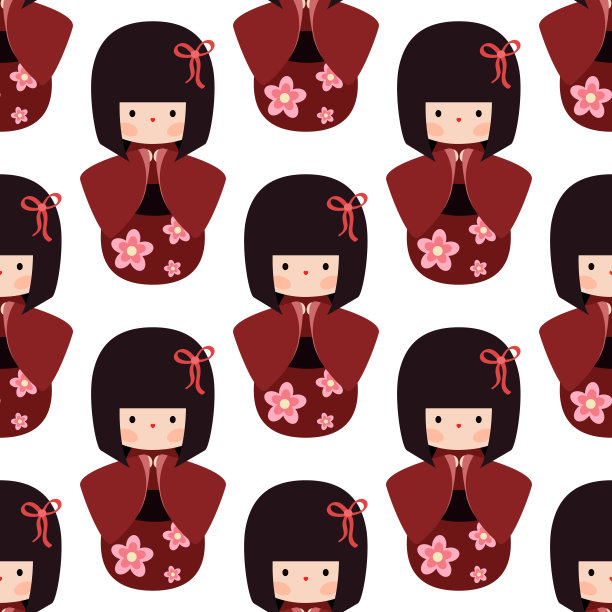 穿红衣服的日本女孩。无缝的矢量模式图片下载