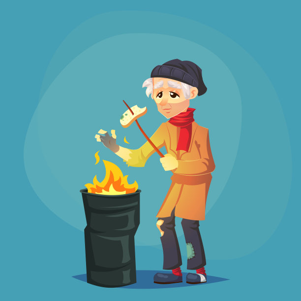 无家可归的流浪汉可怜的老人成年人在火边取暖需要帮助孤立的卡通设计矢量插图社会问题贫困，苦难eps10图片下载