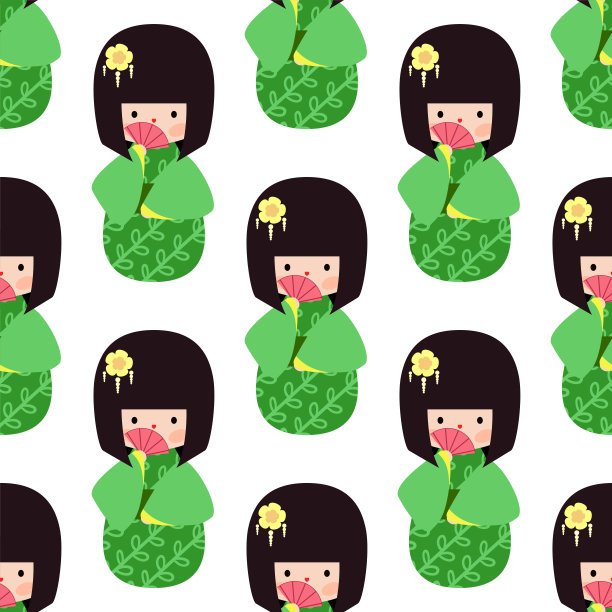 穿绿色衣服的日本女孩。无缝的矢量模式图片下载