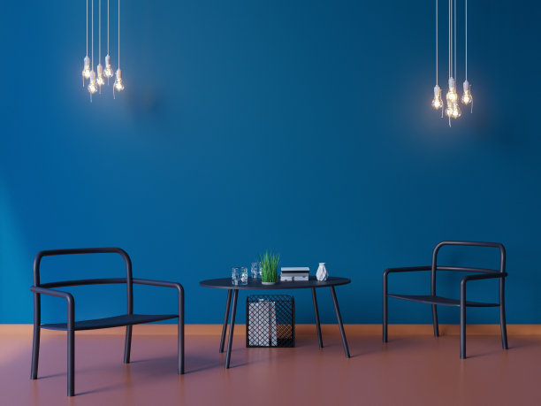 宽现代蓝色壁纸和室内布局装饰3d插画图片下载