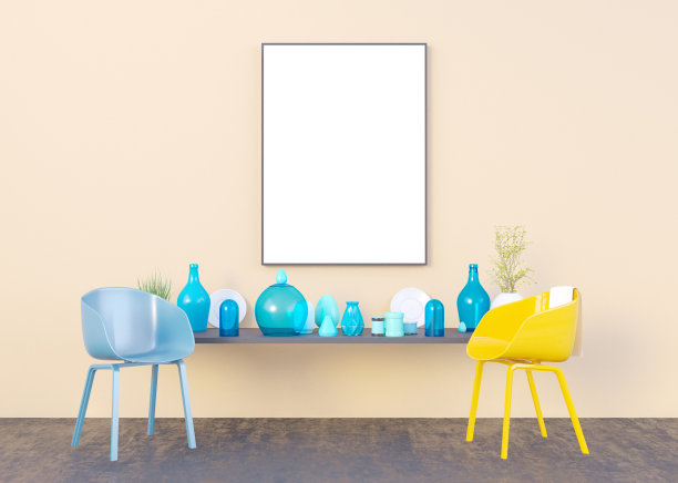 模拟海报框架在夏季概念室内背景，3D插图，渲染。图片下载