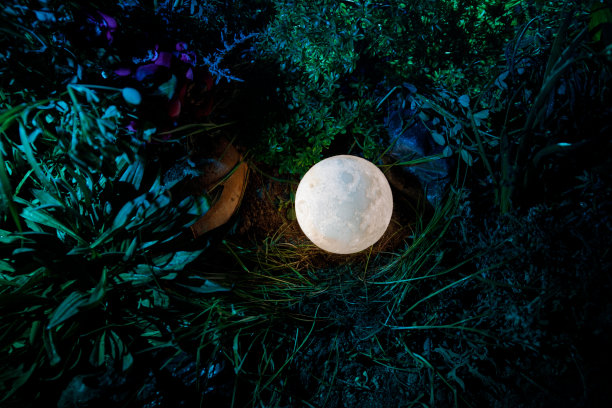 超现实的幻想概念-满月躺在草地上。装饰的照片。抽象的童话背景。图片下载