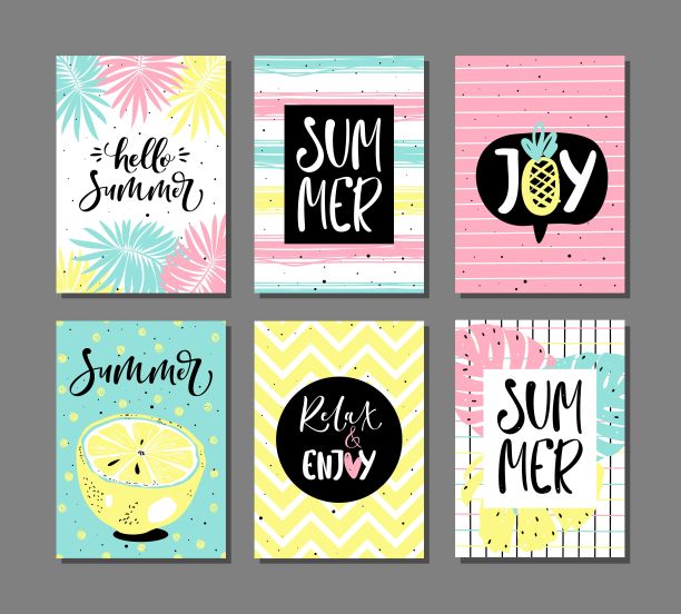 向量组明亮的夏季水果卡片，棕榈叶和手写的文字。图片下载