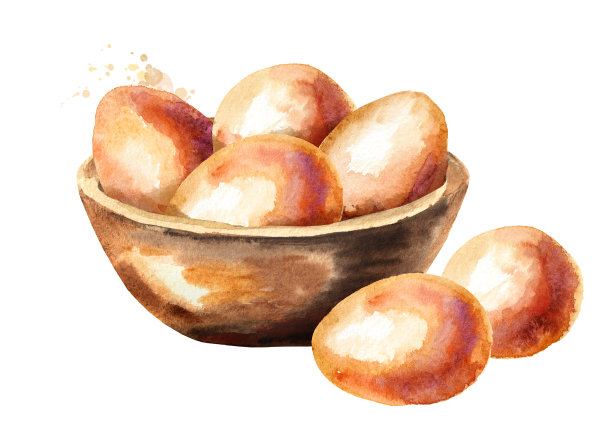 鸡蛋放在木碗里。水彩手绘插图孤立的白色背景素材图片