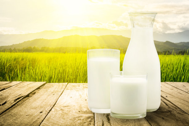 瓶子牛奶和玻璃在木制平台上绿色草地和山在早晨的阳光。图片下载