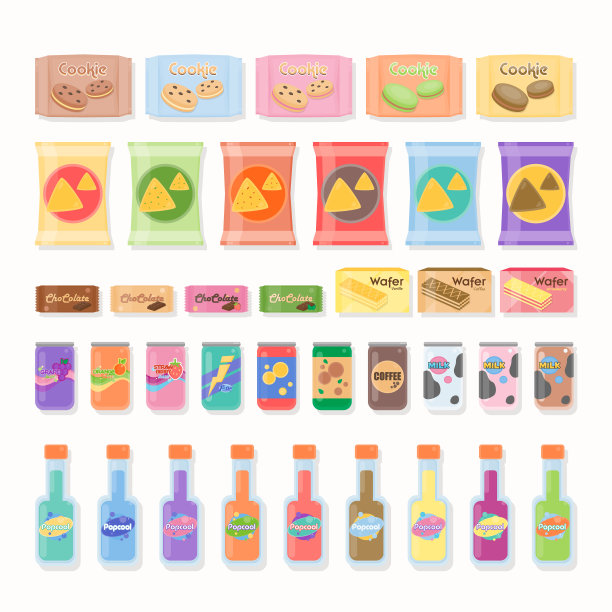 平坦的零食和饮料向量。食品、饮料包装。图片下载