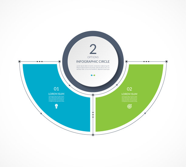信息图半圆细线平风格。具有2个选项、部分和步骤的业务表示模板。可用于循环图、曲线图、圆图。图片下载