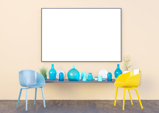 模拟海报框架在夏季概念室内背景，3D插图，渲染。图片下载