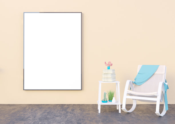模拟海报框架在夏季概念室内背景，3D插图，渲染。图片下载