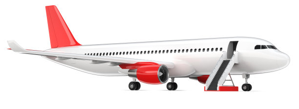 高细节白色客机与红色尾翼，3d渲染在白色背景。飞机与开放登机梯，孤立的3d插图。航空公司概念旅行客机。飞机商用飞机。图片下载