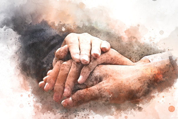 结合水彩画的经营理念和握手理念。素材图片