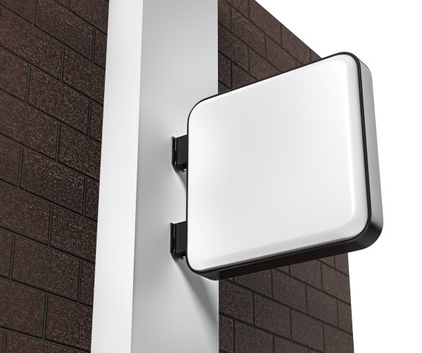 双面背灯圆形广告牌，led发光广告牌，乙烯基公司标志在砖墙上。3 d渲染插图。图片下载