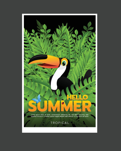热带夏季设计与鸟类，棕榈叶和异国情调的花朵在黑色的背景，卡片，海报，横幅图片下载