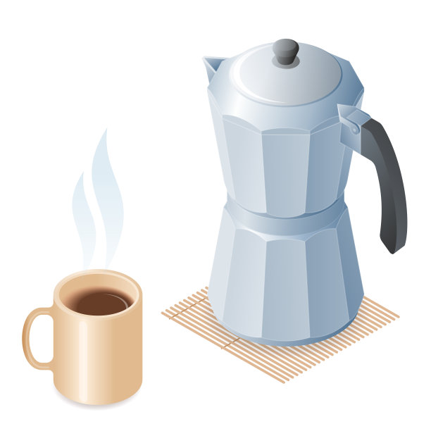 平面等距插图的陶瓷杯咖啡和咖啡机。图片下载