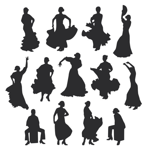 一组穿着礼服的女人摆着跳舞的姿势。弗拉明戈舞者西班牙安达卢西亚地区，埃斯特雷马杜拉和穆尔西亚，卡洪打击乐器。黑色剪影白色背景笔刷素描。向量图片下载