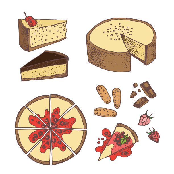 配甜点:蛋糕，派，馅饼，芝士蛋糕，饼干，巧克力和草莓。草图风格的设计元素。手绘涂鸦糕点产品。孤立在白色背景上。素材图片