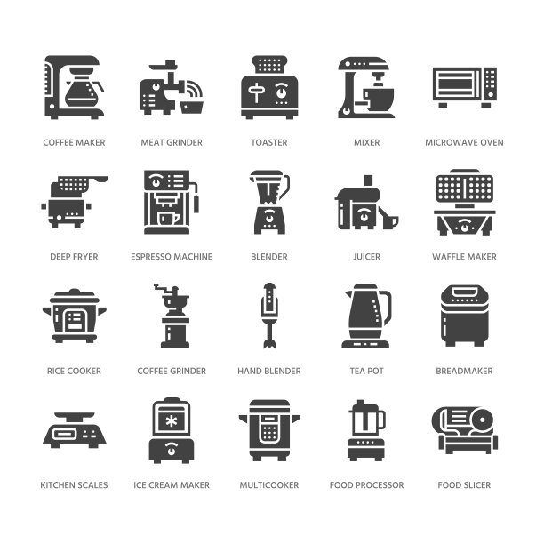 厨房小家电平面字形图标。家用烹饪工具标志。食品准备设备-搅拌机，咖啡机，微波炉，烤面包机，研磨机。固体轮廓像素完美的64x64图片下载