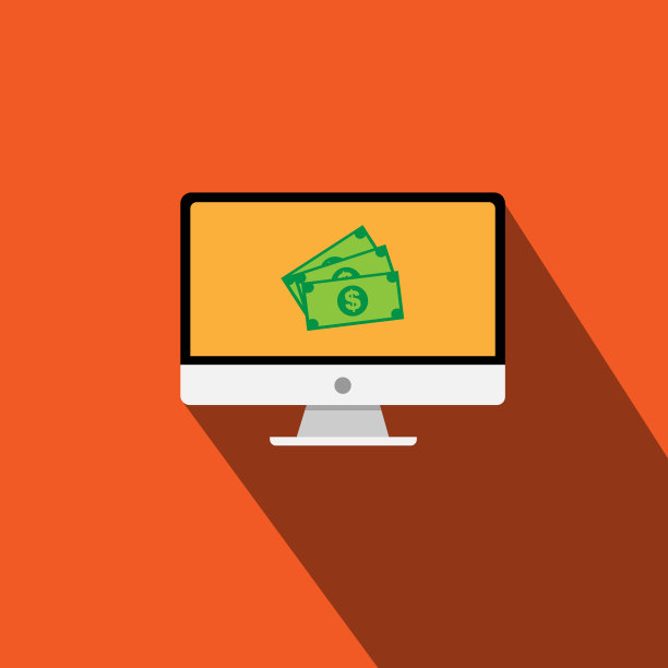 电脑与钞票在时尚的平面风格孤立在橙色背景的技术和商业理念。矢量插图。图片下载