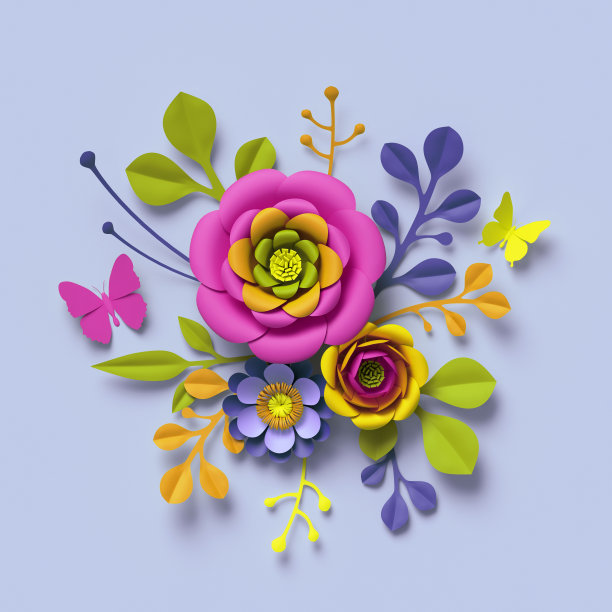 3d渲染，工艺纸花，节日花束，植物安排，明亮的糖果颜色，自然剪辑艺术孤立在天蓝色的背景，装饰点缀图片下载