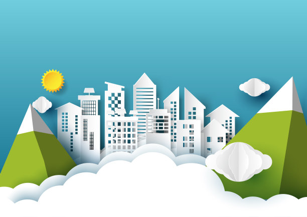 折纸城以日、云、山为蓝蓝的纸艺术风格。图片下载