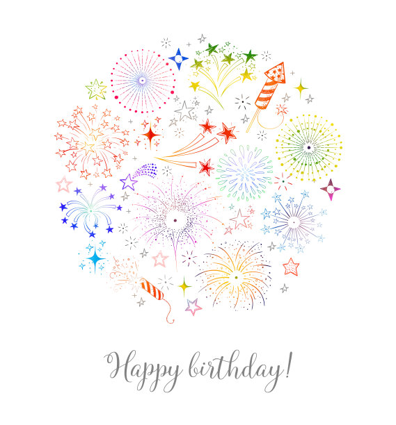 贺卡与彩色涂鸦烟花在白色的背景图片下载