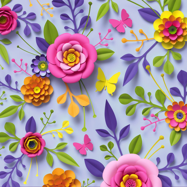 3d渲染，工艺纸花，节日花束，植物安排，明亮的糖果颜色，自然剪辑艺术孤立在天蓝色的背景，装饰点缀图片下载