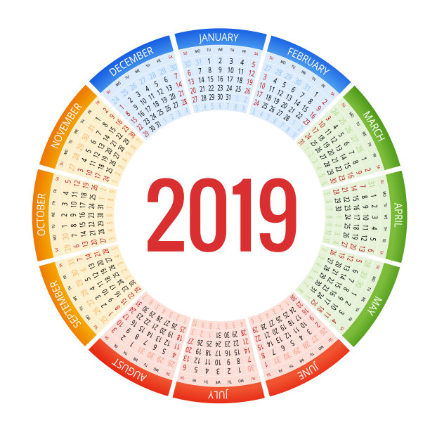 彩色圆形日历2019设计，打印模板，您的符号和文本。上周星期天开始。人像定位。2019年12个月日历。图片下载