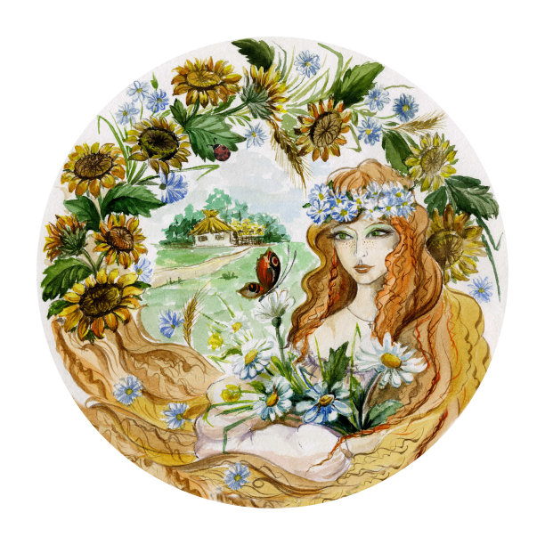 美丽的年轻女子戴着花环和一束鲜花，背景是夏天。把一个女孩当成一个夏天。季节性水彩插图。手绘图片素材图片