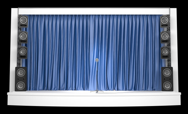 有蓝色窗帘和音箱的场景。图片下载