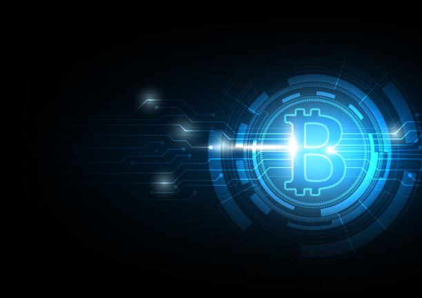比特币符号与电子图表上的蓝色抽象技术背景为加密货币概念，矢量插图图片下载