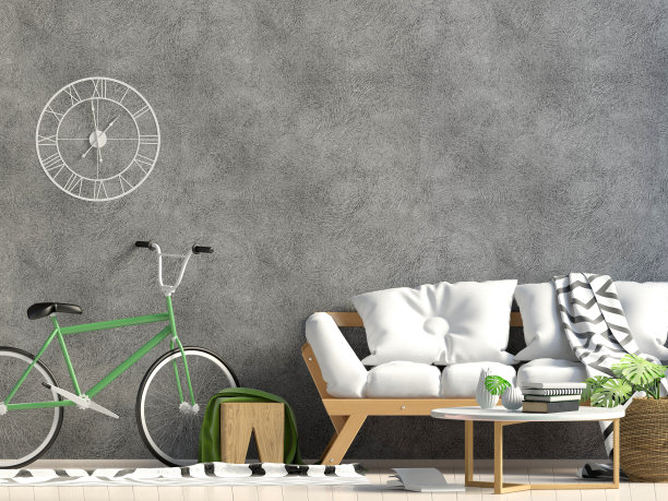 现代内饰，咖啡桌和沙发。墙模型。3 d演示。图片下载