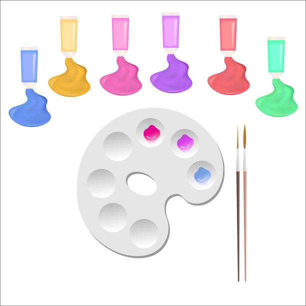 绘画液体丙烯酸颜料，画笔，调色板的艺术材料。图片下载