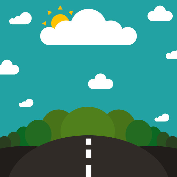 平面风格的自然插图。路，太阳，天上的云。图片下载