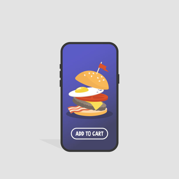 食品交付。用手机点芝士汉堡。前视图。平面可编辑矢量插图，剪辑艺术图片下载