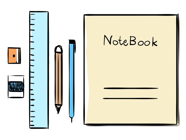 孤立的手绘学校，卷笔刀，钢笔，铅笔，橡皮，尺子，笔记本，物体矢量设计图片下载