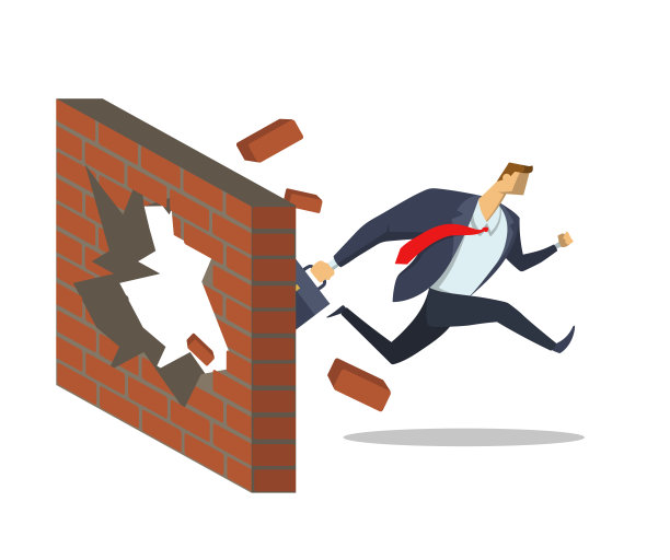 西装革履的商人冲破砖墙奔向自己的目标。实现目标。竞选成功。快点。概念平面矢量插图，孤立在白色背景。图片下载