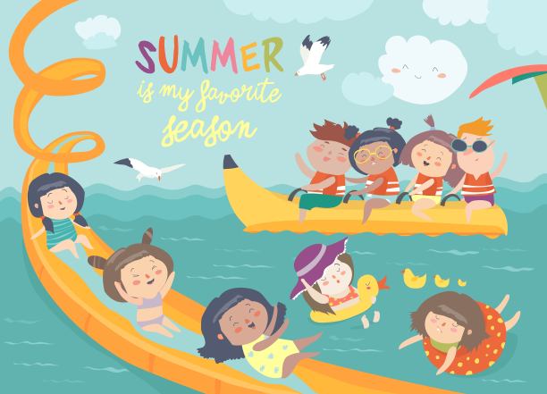 孩子们在夏季假期在水上乐园玩耍图片下载