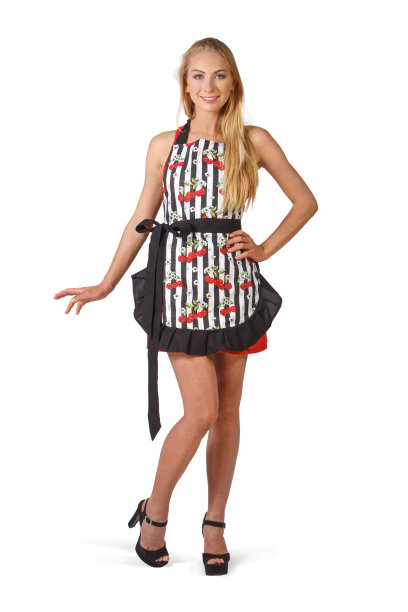 女孩在厨房围裙在白色的背景图片下载